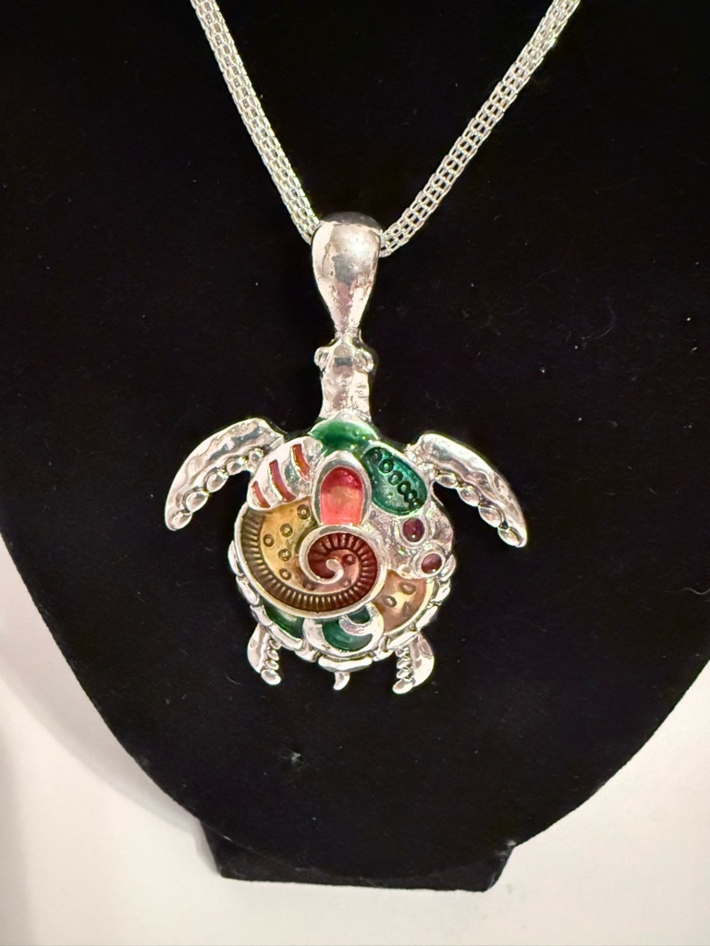 Silver-Tone Turtle Pendant Necklace with Multicolor Enamel